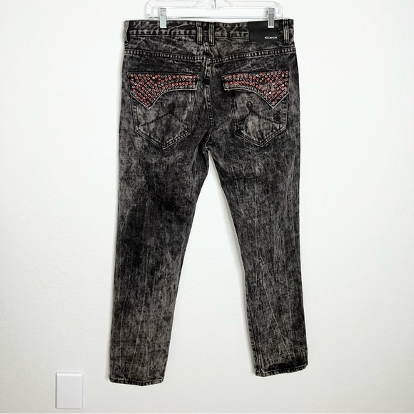 ROCAWEAR Men 36 X 32 Black Acid Wash Slim Straight Jean Rhinestone Studded CLO - Picture 6 of 10